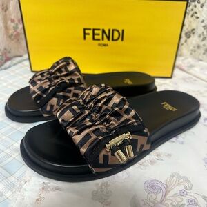 FENDI FF Logo Ruched Satin Slides